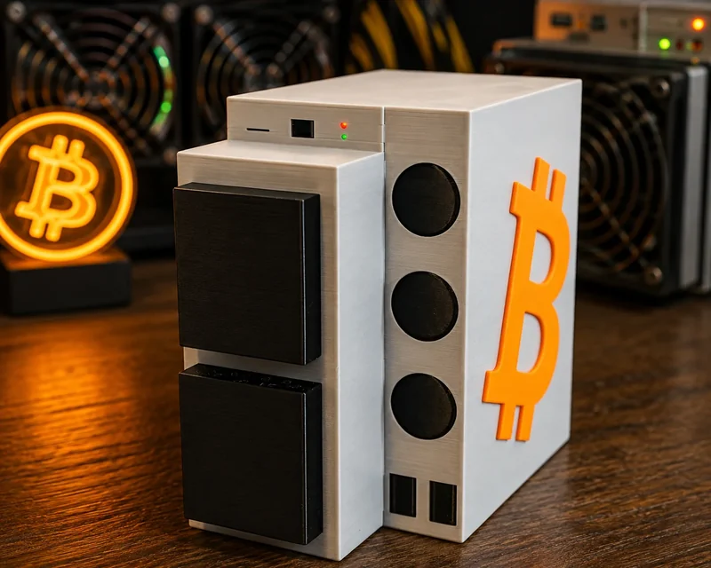 Bitcoin ASIC miner replica displayed on a desk in front of cryptocurrency mining hardware