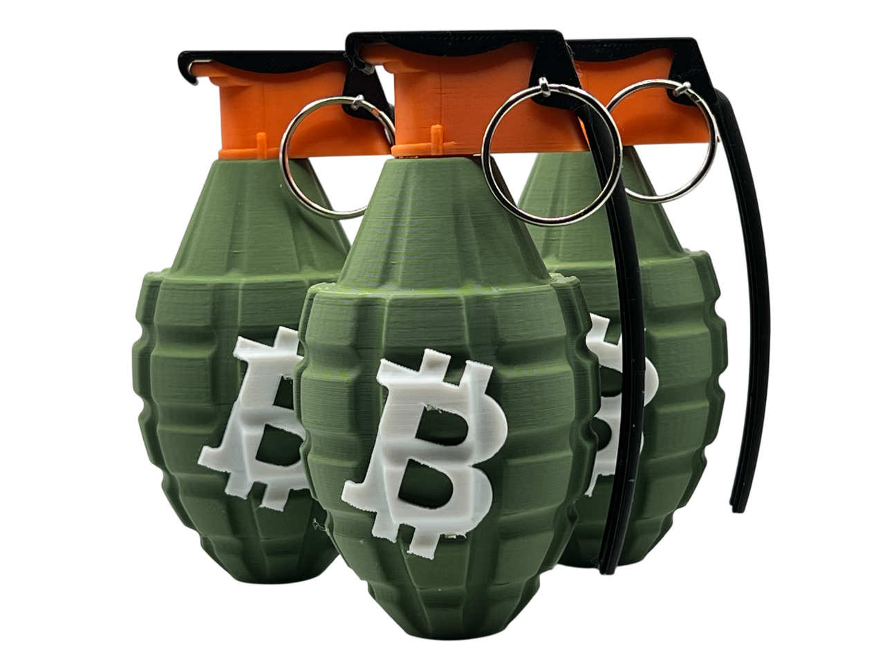 Group of three green and orange 3D printed Bitcoin grenade desk displays