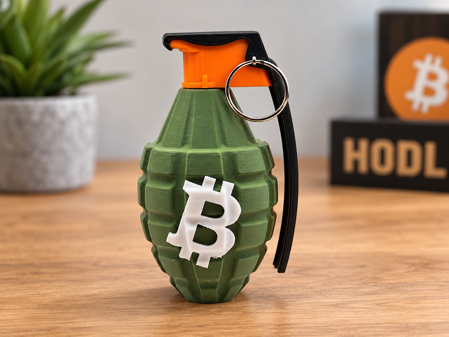 Green 3D printed Bitcoin grenade desk display with orange top, black lever, metal ring and white Bitcoin emblem