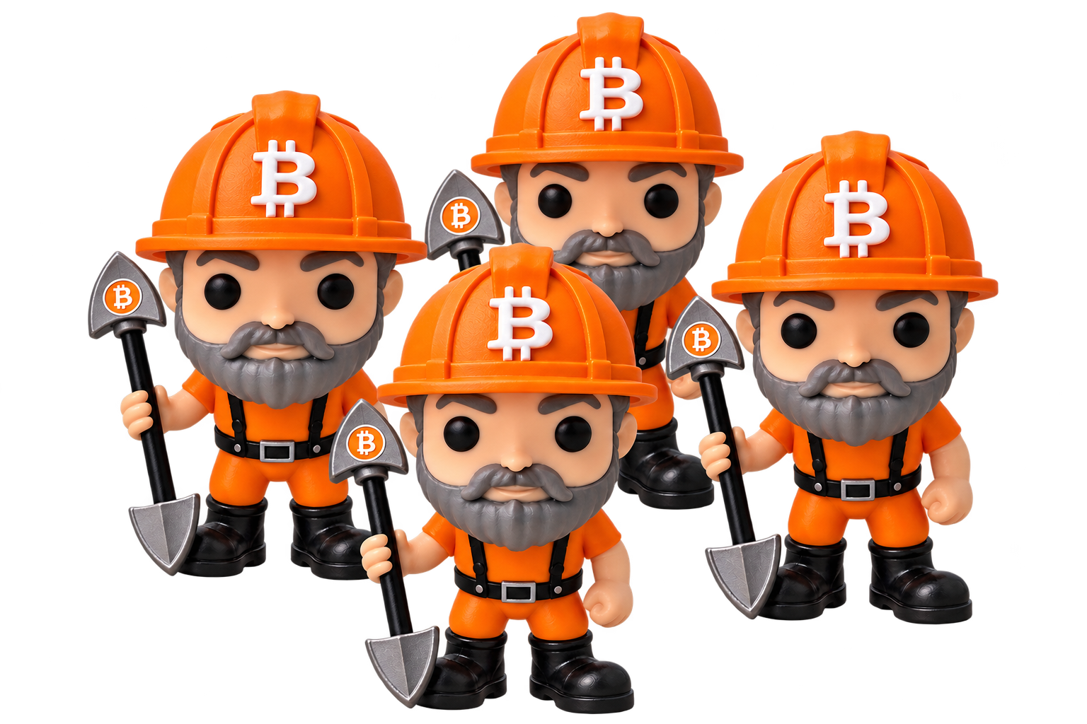 Group of four Bitcoin Miner Figures wearing orange hard hats and holding mining shovels