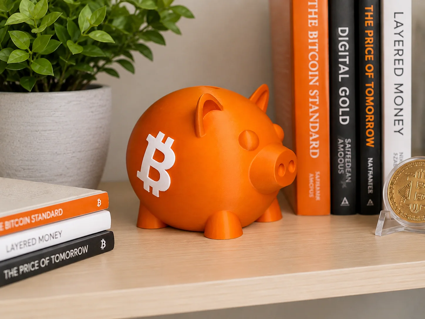 Orange Bitcoin piggy bank displayed on a bookshelf with Bitcoin books and a Bitcoin coin