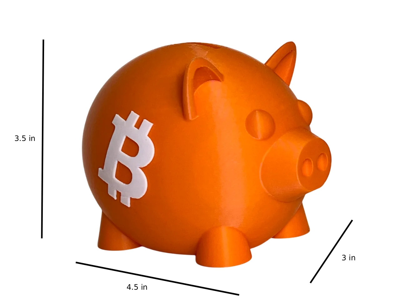Bitcoin piggy bank dimensions showing 4.5 inches wide, 3 inches deep and 3.5 inches high